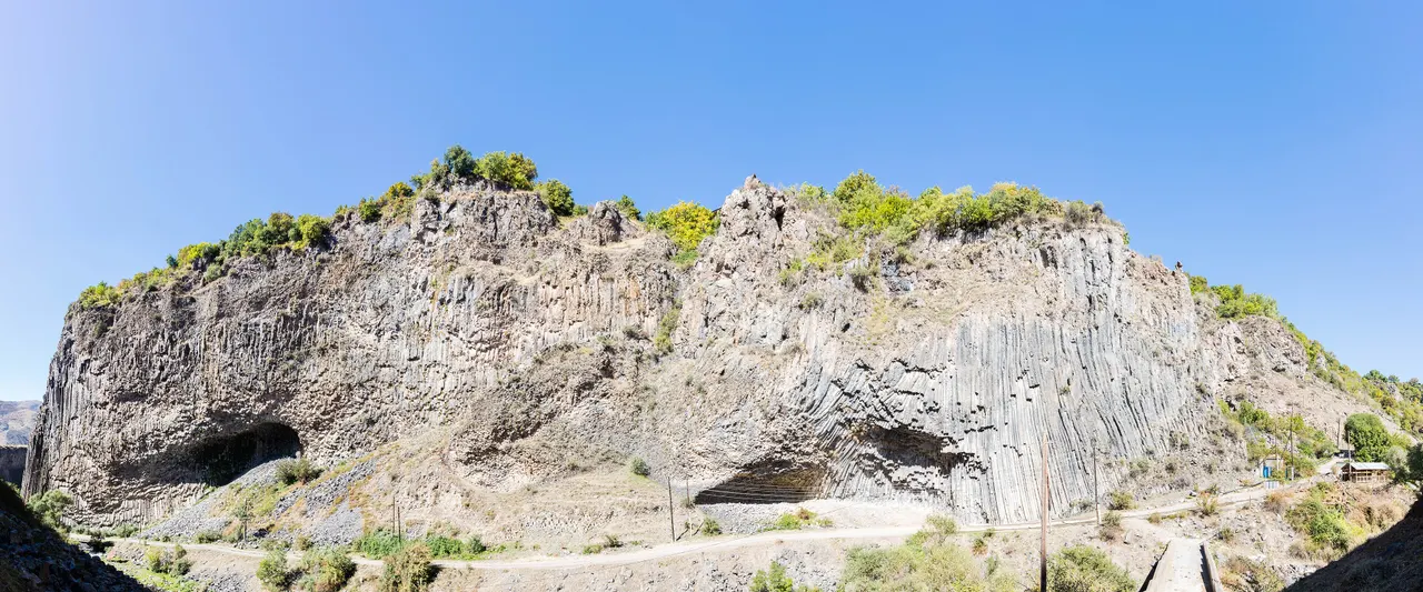 Curved hexagonal basalt columns of the Symphony of the Stones in Garni Gorge, Armenia