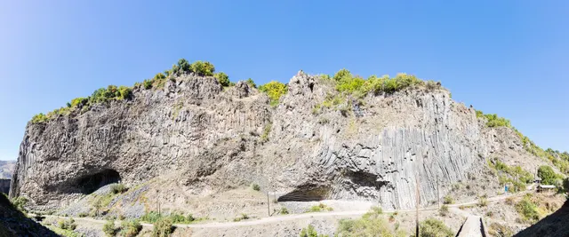 Curved hexagonal basalt columns of the Symphony of the Stones in Garni Gorge, Armenia